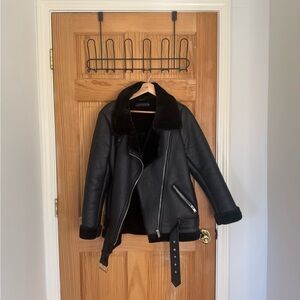 Zara Black Leather Jacket with Shearling Lining